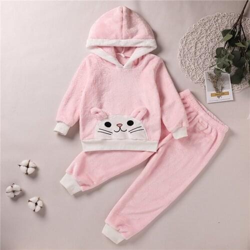 2Pcs Children Fall Winter Warm Loungewear, Fleece Cartoon Rabbit Hooded Long Sleeves Tops + Pants Suit for Girls, Pink
