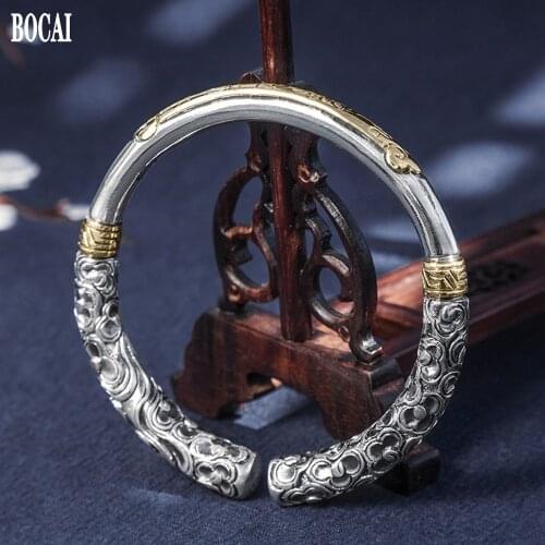 BOCAI New Vintage silver jewelry handmade silver solid S999 pure silver bracelet for men and women wishful gold hoop bracelet