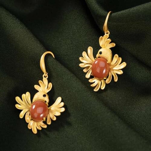 Pure S925 Silver Phoenix Earrings Red Agate Dangle Earrings Vintage Earrings