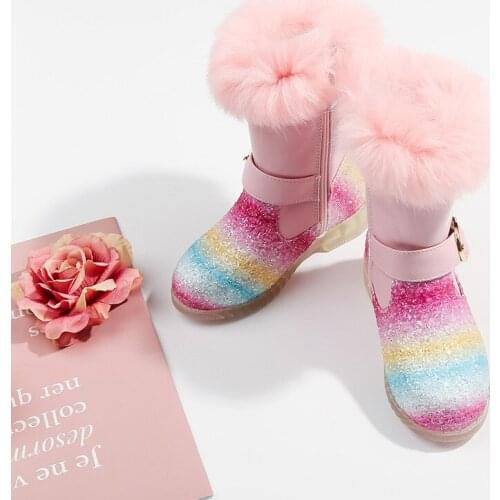 Rainbow Sequined Children Ankle Boots for Girls 2020 New Winter Fleece Warm Girl Snow Boots Big Kids Transparent Bottom Boots