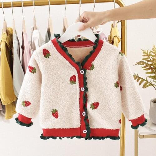 Baby Girl Kids Coat Cotton Leisure Daily Lovely Strawberry Knitted Winter Autumn Costume Sweet Printed Fleece Cardigan Coat