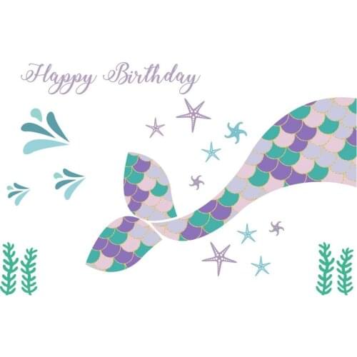 Happy Birthday Backdrop Mermaid Fish Tail Photography Background Celebration Photo Booth Studio Decor