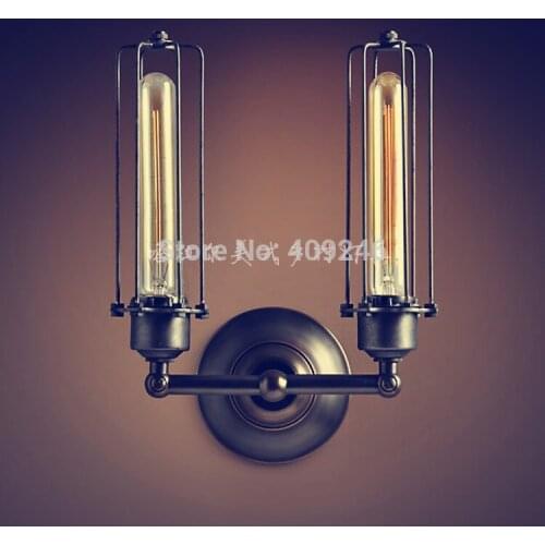 Metal Doulbe Tube LOFT RARE Vintage Industrial Edison Wall Mirror Lamp Light Black Paint Rusty AC110V or 220V