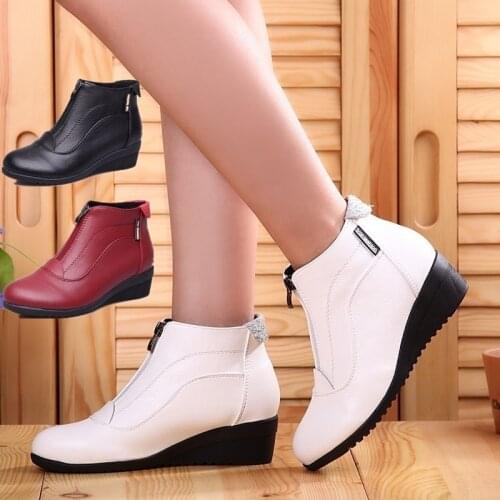 Fashion Women Wedge Shoes Causal Leather Ankle Boots Comfortable Zipper Boots Shoes for Autumn Winter Square Dance Mom Shoes