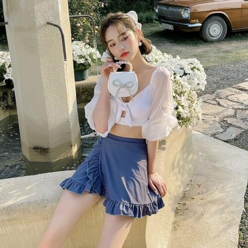 2021 New Korean Style Womens Swimwear Two Piece Swimsuit Skirt Sleeves Bikini Patchwork Swimming Bathing Suit Beachwear