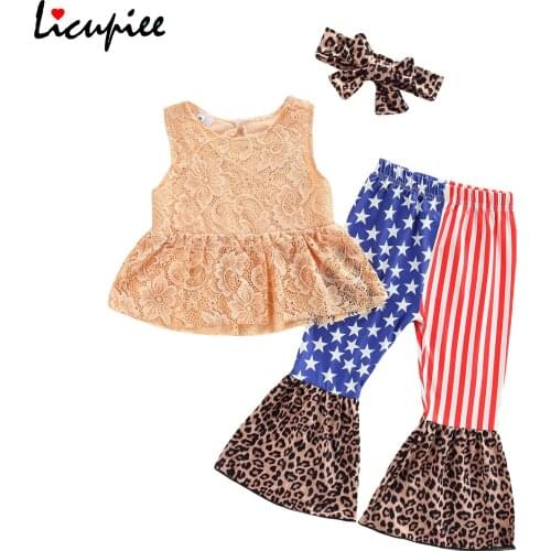 2-7 Years Summer Clothing Sets Girls Independence Day Clothes Set, Floral Embroidery Tops+leopard Print Flared Trousers+headband