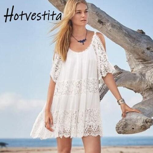 Hotvestita Beach Tunic Crochet Lace Hollow Out Cover Up Short Sleeve Slip Mini Dresses 2021 Summer Women Bikini Sunscreen Smock