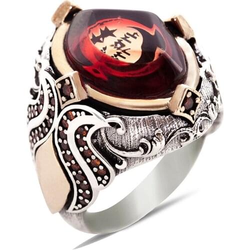 Crescent Amber Gemstone 925 Sterling Silver Men 'S Ring