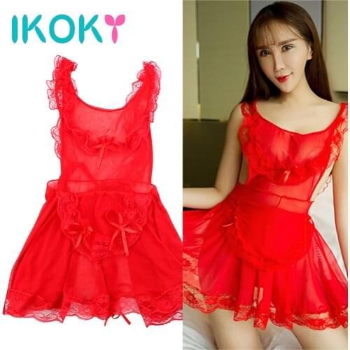 IKOKY Sexy Lingerie Fetish Sex Nightdress Women Lace Costume Transparent Sleepwear Dress Erotic Maid Uniform Sexy Underwear