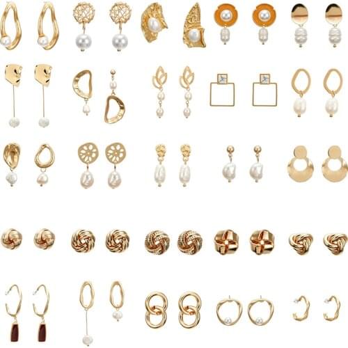 F36 Elegant Matte Metal Gold Square Heart Triangle Geometric Irregular Natural Imitation Pearl Drop Earrings For Women Girl