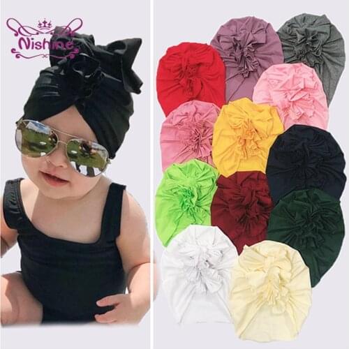 Nishine Handmade Knotted Flower Baby Girls Hats Solid Color Bowknot Caps Soft Cotton Bonnet Infant Headwear Clothing Decoration