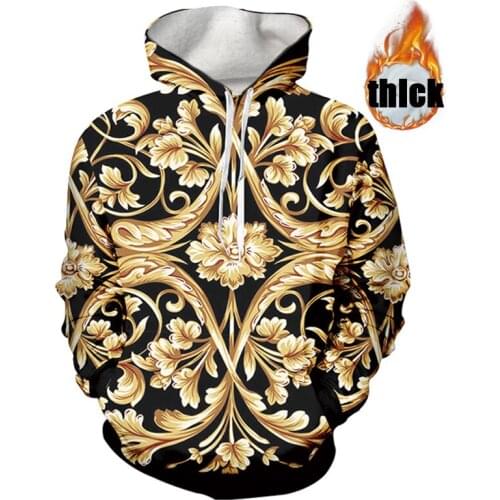 UJIW Gold Flower Luxury Royal Baroque Thicken Hoodies 3D Print Pullover Sweatshirt Tracksuit Outfit Casual Outerwear Hoodies