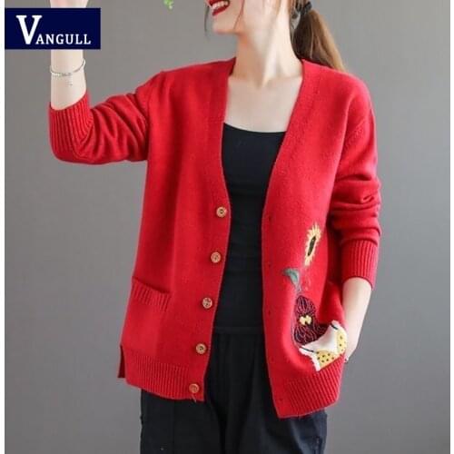 Vangull Fashion Cartoon Embroidery Women Cardigan V-Neck Knit Sweater Autumn Single Breasted Female Split Sweater Lady Cardigan