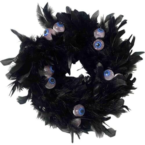 11 Inch Black Natural Cocktail Feather Wreath with Eye Halloween Decorations Front Door Wreath Party Decor