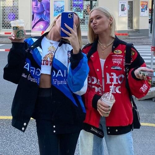 Women Color Block Baseball Jacket Adults Couple Bomber Letter Print Long Sleeve Stand Collar Hiphop Streetwear Outerwear