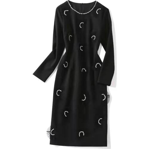 European and American womens wear new autumn 2022 Long sleeve fan-shaped pin bead round collar fashion Black dress
