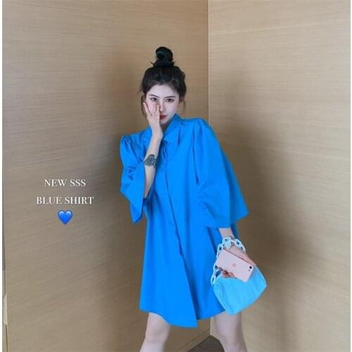 2021 Summer Women Street Style Loose Solid Color Blouse Ladies Puff Sleeve Button Mid-length Shirts Female Oversize Tops Q351