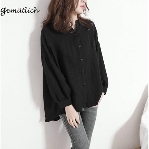 2018 GEMUTLICH Spring Summer Loose Blouse Long Sleeve Shirt Women V-Neck Over Size Comfortable A-Line Shirts Puff Sleeve Women
