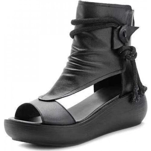 2021 Women Summer Sandals Mid Heels Wedges Shoes Ladies Vintage PU Leather Plus Size Sandalia