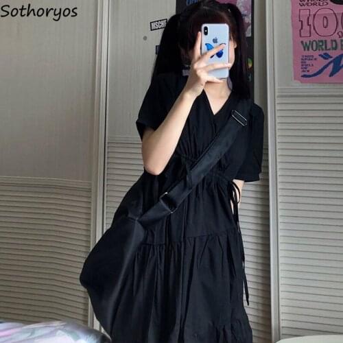 Women Short Sleeve Dresses Solid Ruffles V-neck Chic Lovely Retro Ulzzang Pleated Elastic Waist Streetwear Fairy Sweet Kawaii