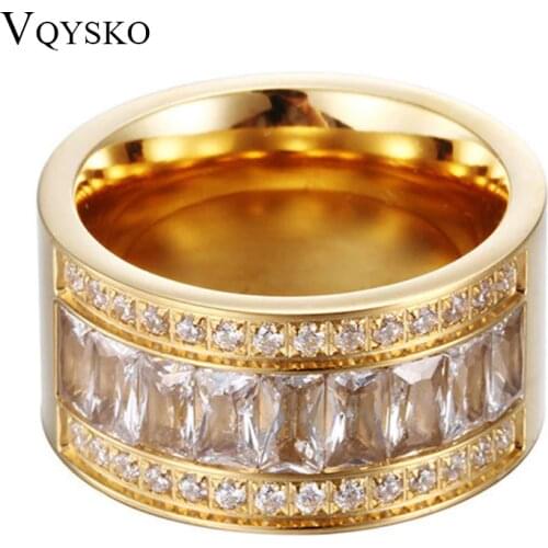 12mm Wide New Gold Color Ring Stainless Steel Bagues Femme Beautiful Rhinestone Cheap Party Engagement Ring Accessory Gift