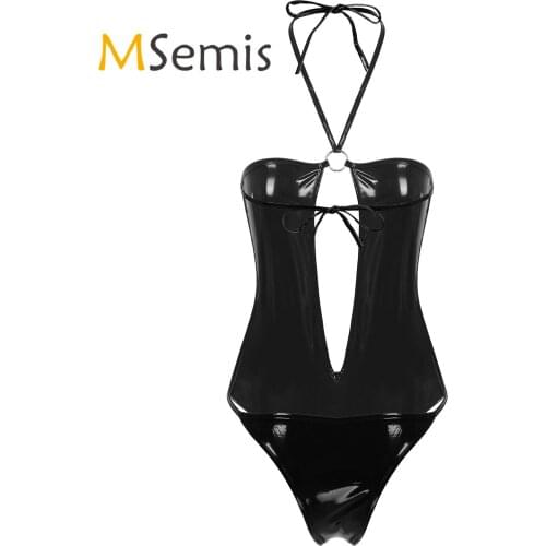 Womens Lingerie Thongs Bodysuit for Sex Shiny Wet Look Patent Leather Catsuit Clubwear Halter Neck Lace-up High Cut Sexy Costume