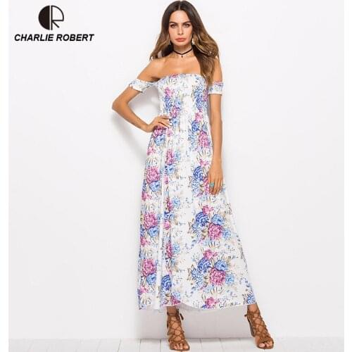 CR 2019 New Summer Dress Sexy Slash Neck Vintage Long Dress Beach Dress Printed Vestido Plus Size Dresses For Women