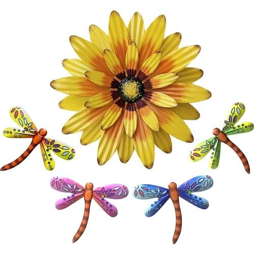 5pcs Metal Flower Dragonfly Metal Wall Decor Art Hanging Decorations for Garden Yard Bedroom Outdoor Decorations Wall Hanging