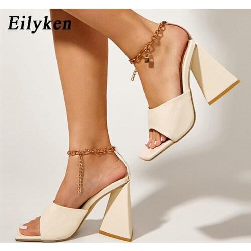 Eilyken Triangle High Heels Women 2021 New Fashion Square Toe Chain Ankle Buckle Strap Sandals Sexy Party Shoes Slides Orange