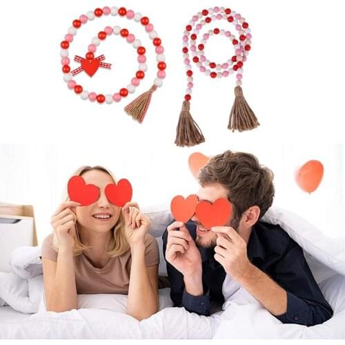 2PCS Pink Wood Beads Garland with Tassels,33 Inch Farmhouse Rustic Wood Beads Garland,Valentines Day Wall Hanging Decor