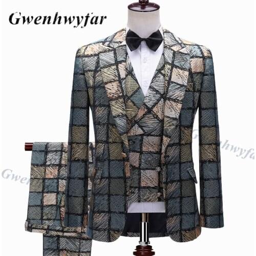 Gwenhwyfar Colorful Plaid Jacqaurd 3 Piece Men Suit 2021 Morning Dinner Party Prom Suit Groom Wedding Men Suit Blazer Slim Fit