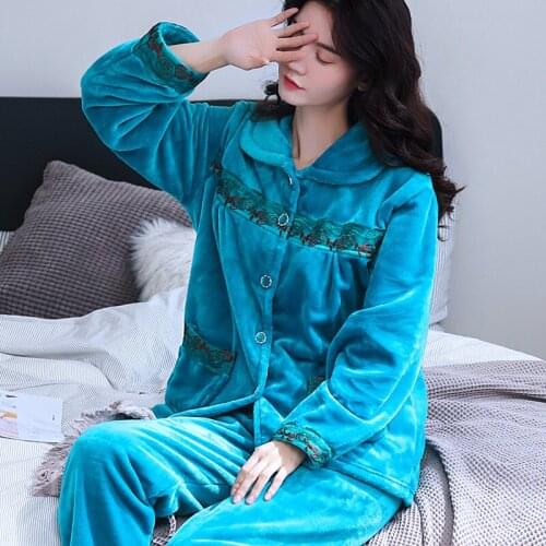 H5806 Women Pajamas Thickened Coral Fleece Middle-aged Mother Sleepwear Suit Home Clothing Flannel Long Sleeve Winter Nightwear