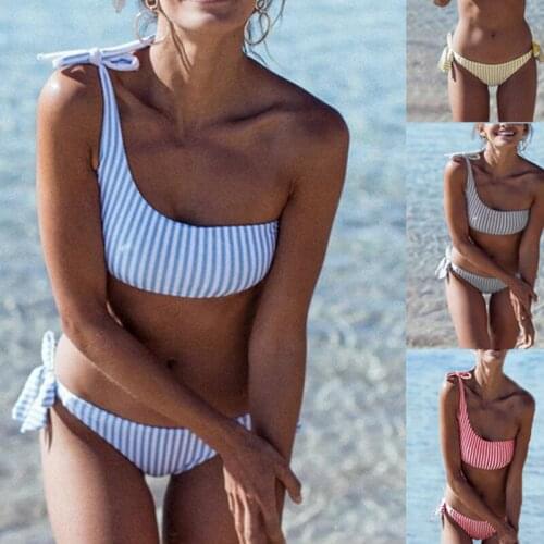 2019 2pcs Summer One Shoulder Bikini Women Striped Swimwear Push Up Padded Bikini Set Beachwear Swimsuit