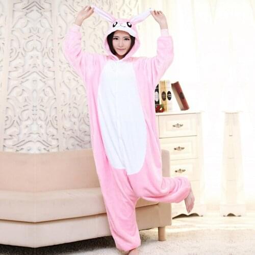 Cartoon Animal Pink Rabbit Onesie Blue Rabbit Pajamas Long Sleeve Hooded Kigurumi for Adults Cute Overall Cosplay Costumes