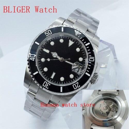 Solid BLIGER 43mm black dial sapphire glass ceramic bezel date magnifier NH35/MIYOTA Automatic movement mens watch men
