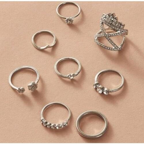 Tocona 8pcs/sets Luxury Crown Silver Color Ring Sets for Women Shiny Crystal Stone Open Joint Ring Wedding Ring Jerwelry 9321