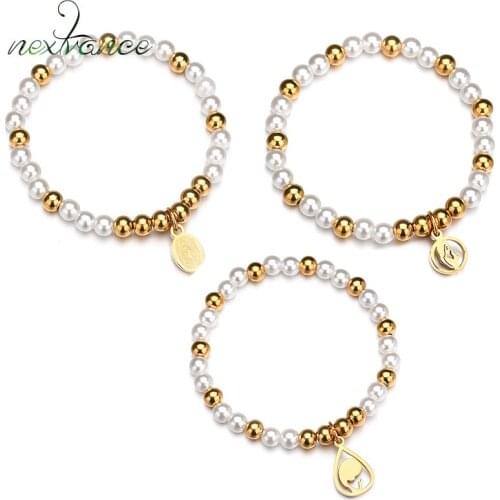 Nextvance Stretch Waterdrop Virgin Mary Bracelet Religious Elastic Imitation Pearl Rosary Bracelet for Girl Christmas Gift
