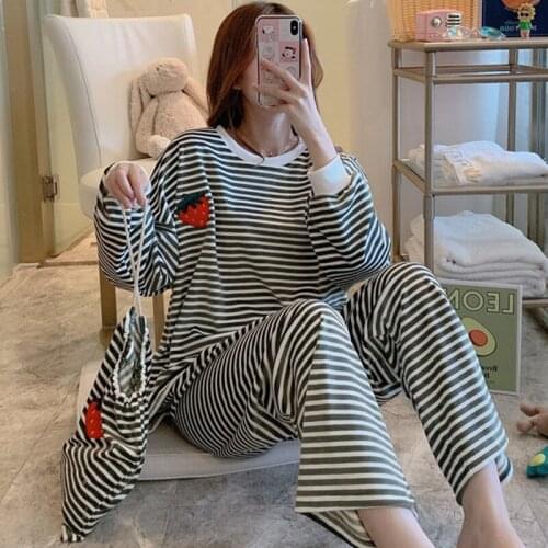 Fdfklak Ladies Night Wear 2 Pieces Sleepwear Suit Spring Autumn Striped Sleeping Set Women Pajamas Long Sleeve Pyjama Femme
