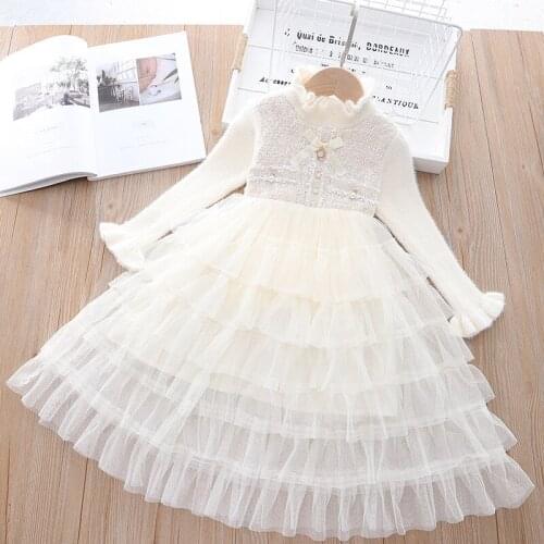 Girls Birthday Wedding Party Princess Dresses Autumn Winter Pearl Bow Stitching Mesh Dress 2-6 Years Children Knitted Clothes