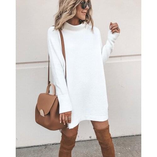 Popular autumn and winter solid color fashion long sleeve round neck womens medium length dress