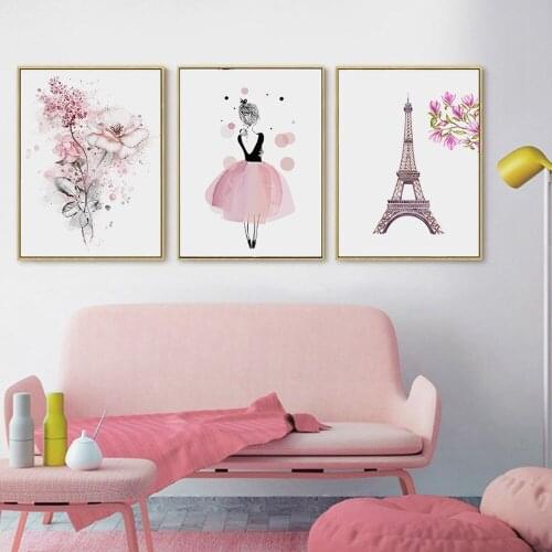Simple Nordic Small Fresh Canvas Painting Cute Pink Dancing Girl Flower Tower Poster Bedroom Living Room Decoration Aesthetics