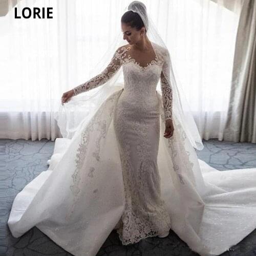 LORIE Luxury Wedding Dresses Mermaid Sheer Neck Long Sleeves Illusion Full Lace Appliqued Bow Overskirts Chapel Bride Gowns 2020