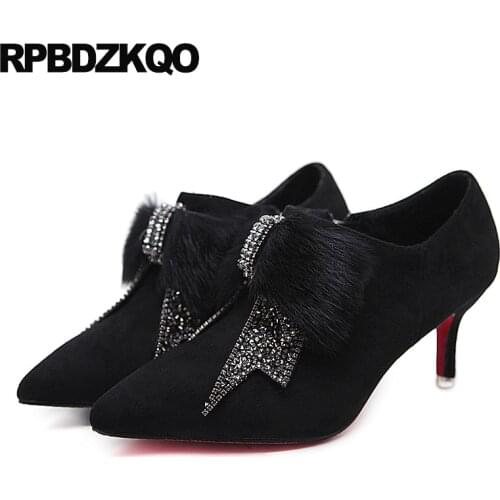 Crystal scarpin sexy women shoes rhinestones high heels diamond ankle boots ladies sweet pumps fur special pointed toe suede bow