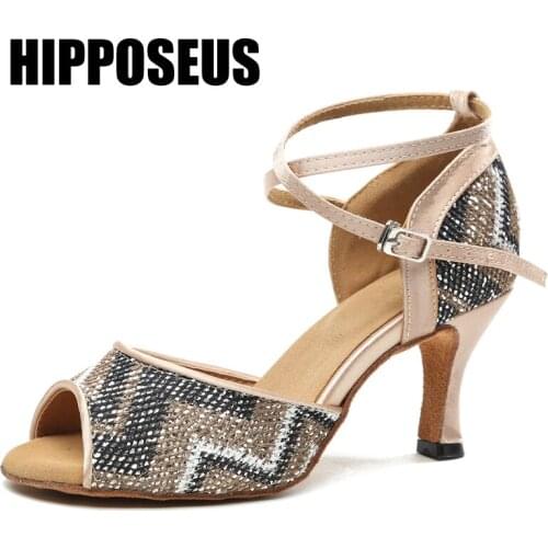 Hipposeus New Latin Dance-Shoes Female Ballroom Women Salsa Tango Modern Dance Shoes Girls Soft Thin Heel Dancing Shoes Sandals