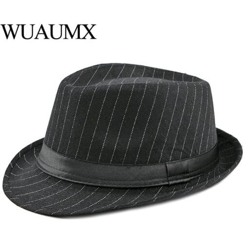 Wuaumx Vintage Stripe Jazz Hats Men Top Fedoras Hat For Male Autumn Winter Retro Bowler Hats Gentleman Panama Cap Wholesale
