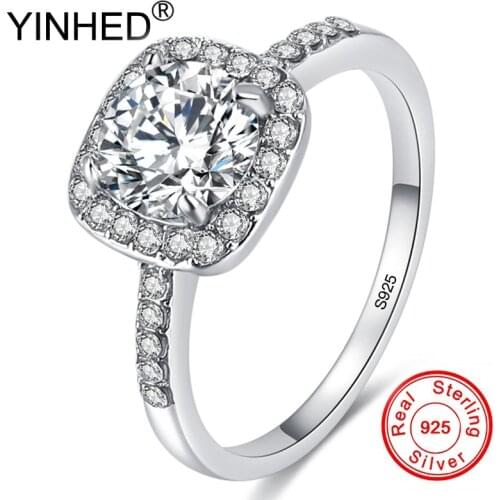 YINHED Classic Female Wedding Ring With 1 Carat Round Zirconia CZ Diamond Engagement Fine Jewelry 925 Silver Wife Gift ZR706