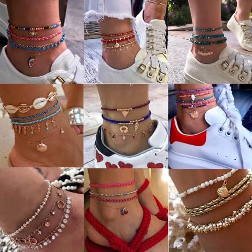 HuaTang Boho Shell Crystal Strand Beads Anklets Set for Women Multilayers Blue Turkey Evil Eye Foot Chains Female Beach Jewelry