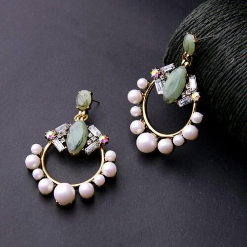 Women Fashion Costume Jewelry Acrylic Pearl Big Drop Earrings Green Imitation Gemstone Statement Earrings