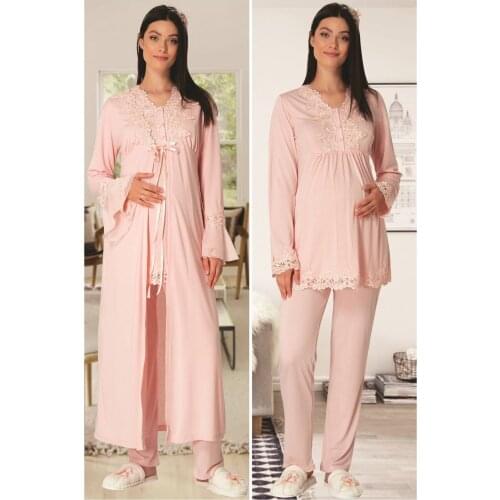 Womens Pregnant Postpartum Pajamas Set Lacy Dressing Gown Cotton 3 Piece Set