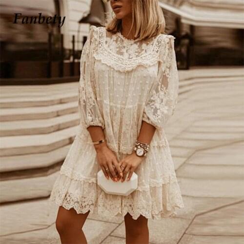 Elegant 3/4 Sleeve Ruffle Women Loose Dress Fashion Embroidery Lace Mesh Party Dress Ladies Vintage O-Neck Mini Dresses Vestidos